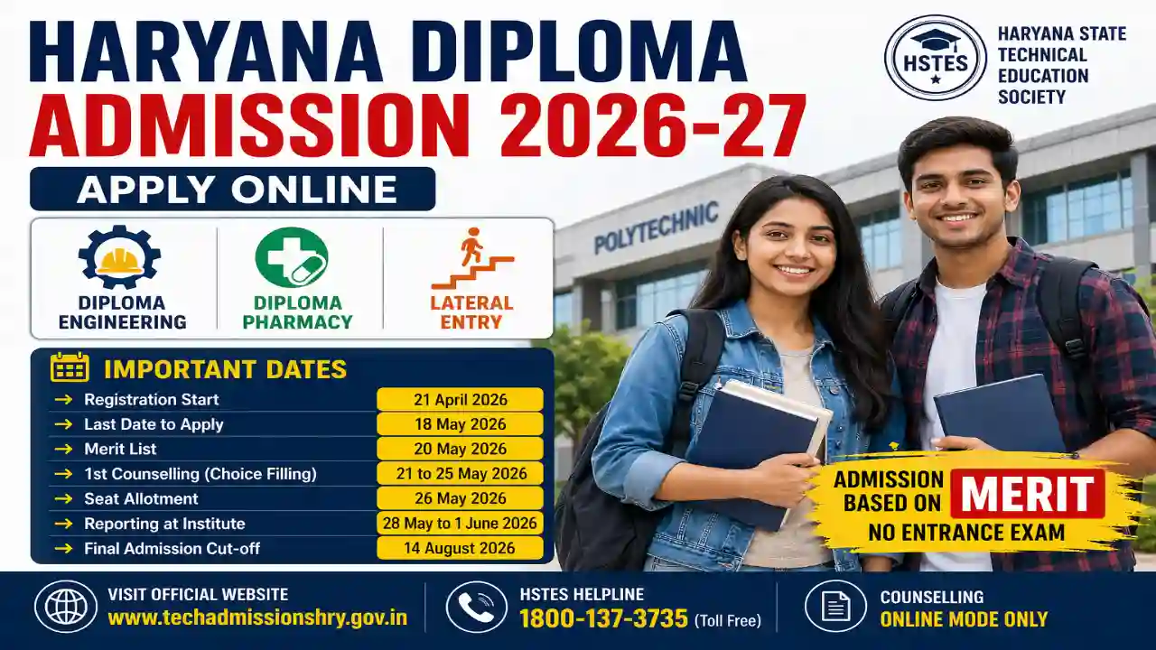 Haryana Diploma Admission 2026-27 Apply Online for Polytechnic Pharmacy and Lateral Entry Courses